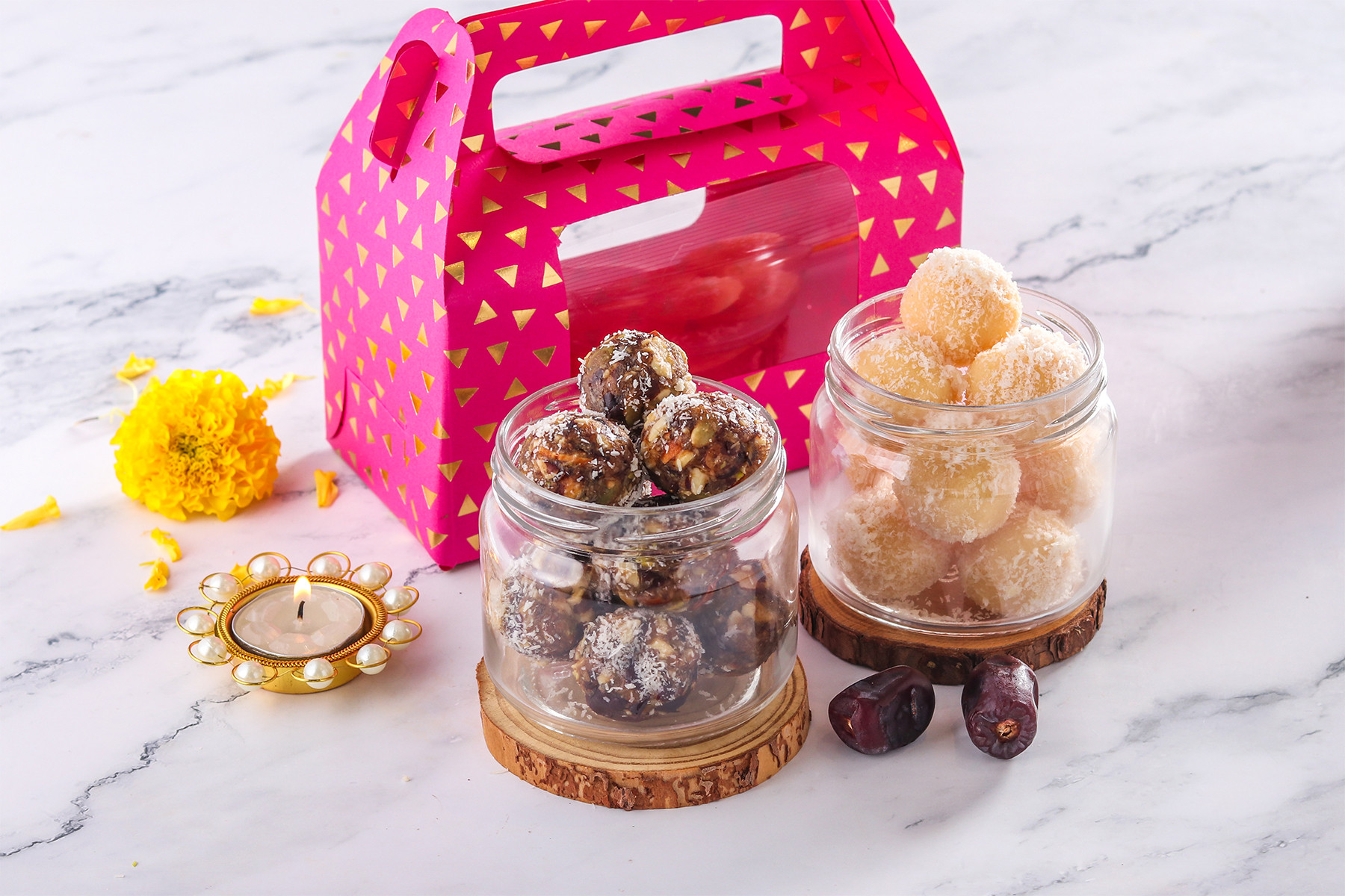 2 Ladoo Tub of Festivity (Coconut Laddoo Jar & Chocolate Tub)