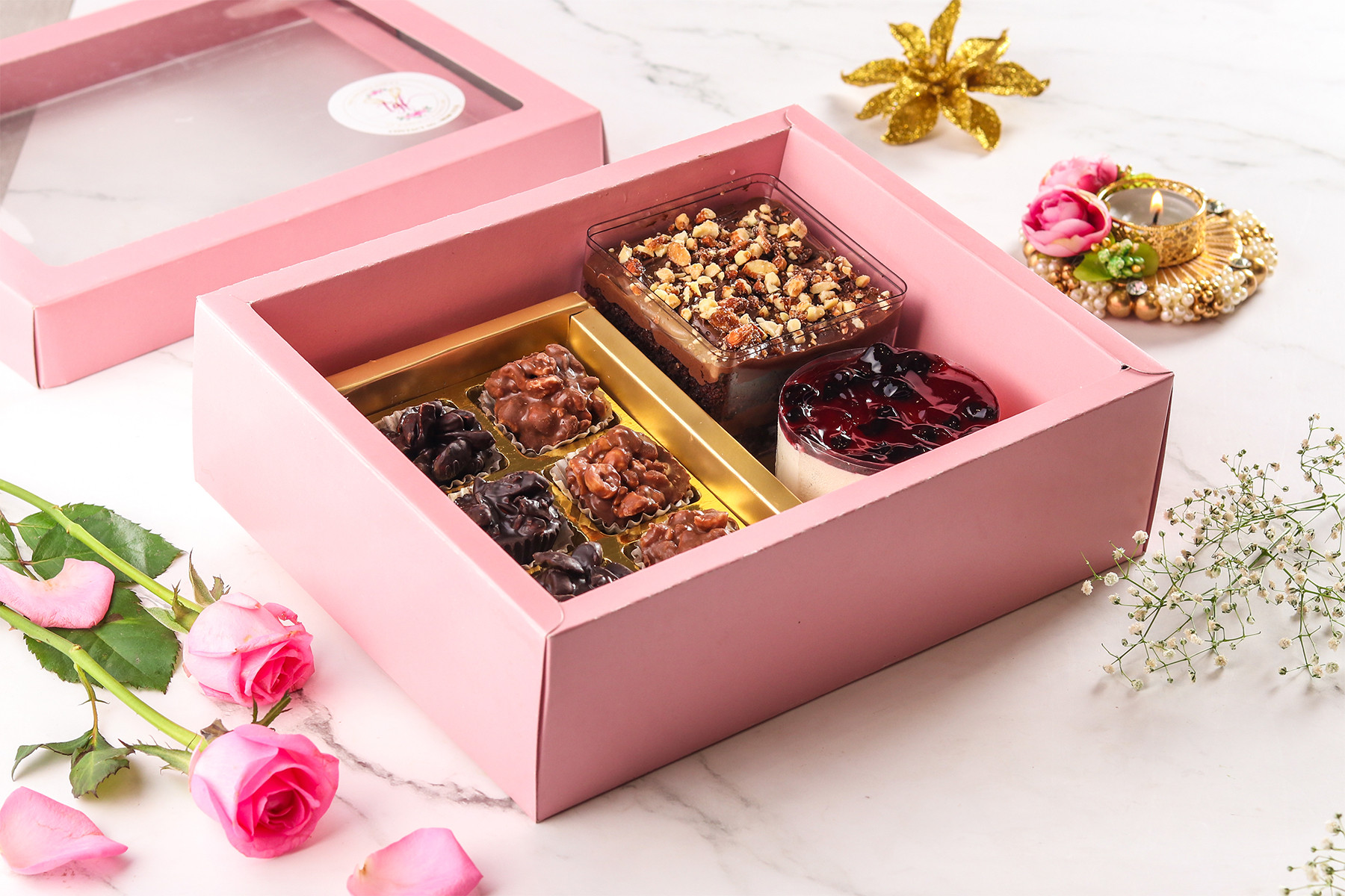 Wholesome Diwali  Box (6 Chocolate rocks, Chocolate Almond praline Tub, and Blueberry Mini Cheese cake)