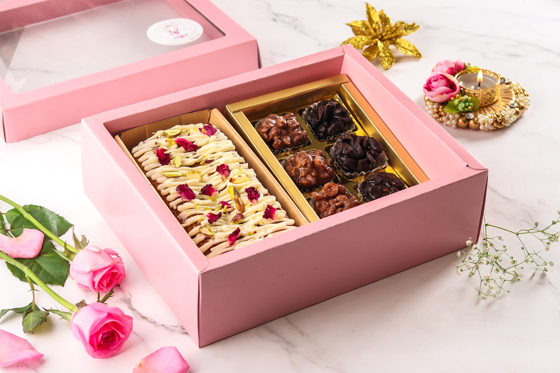 Healthy Desserts Diwali Box (Rose pistachio loaf and 6 Assorted Chocolate rocks)
